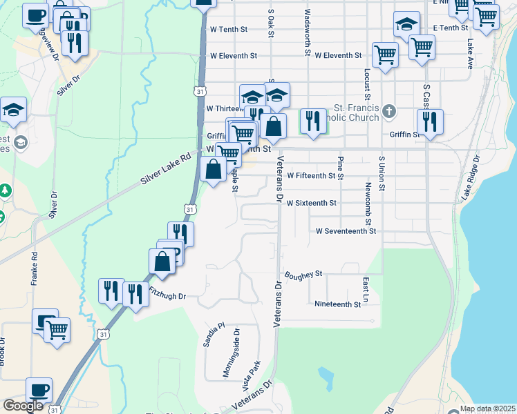 map of restaurants, bars, coffee shops, grocery stores, and more near 536 Belanger Lane in Traverse City