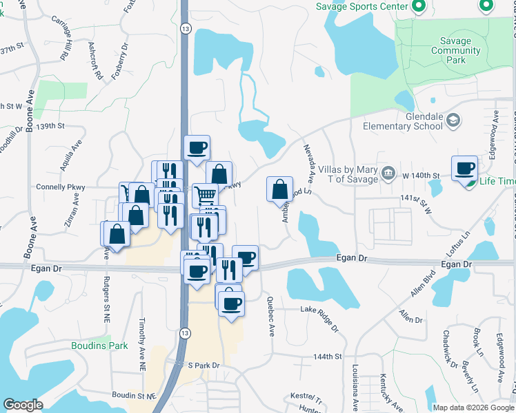 map of restaurants, bars, coffee shops, grocery stores, and more near 14001 Quebec Avenue in Savage