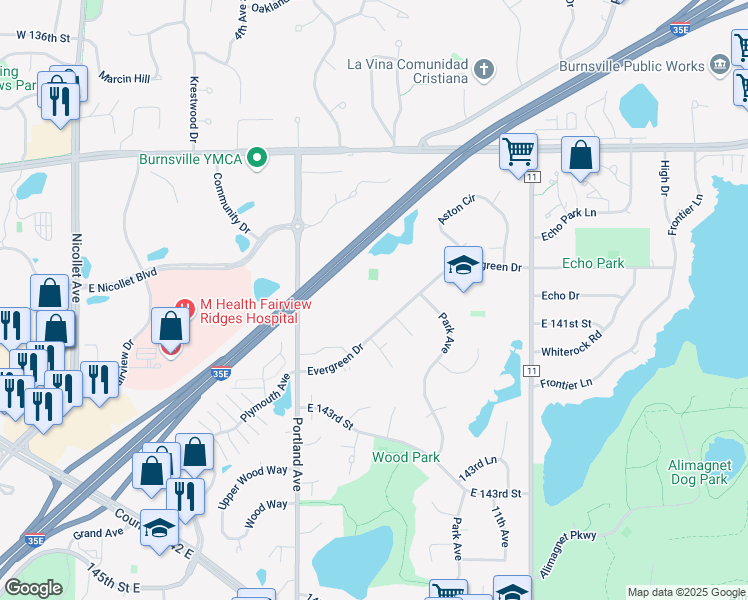 map of restaurants, bars, coffee shops, grocery stores, and more near 760 Evergreen Drive in Burnsville