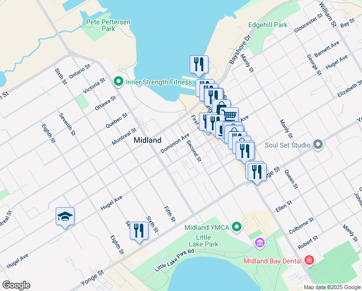 map of restaurants, bars, coffee shops, grocery stores, and more near 575 Dominion Avenue in Midland