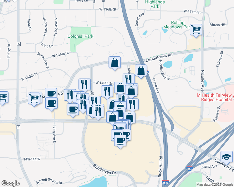 map of restaurants, bars, coffee shops, grocery stores, and more near 810 County Road 42 West in Burnsville