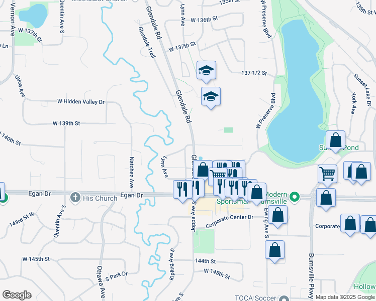 map of restaurants, bars, coffee shops, grocery stores, and more near 14017 Kipling Avenue South in Savage