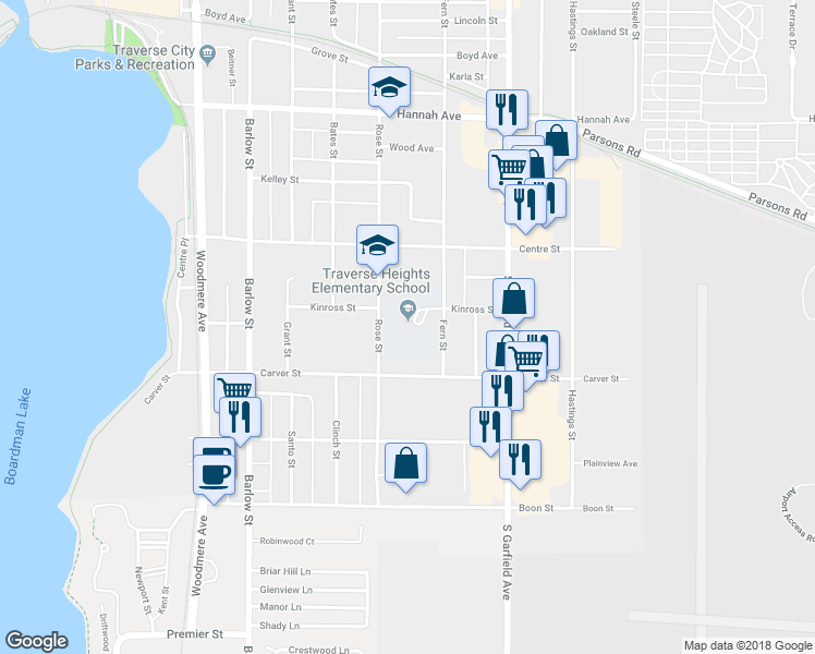 map of restaurants, bars, coffee shops, grocery stores, and more near 933 Rose Street in Traverse City