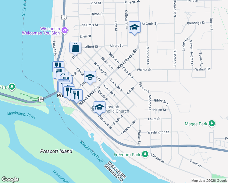 map of restaurants, bars, coffee shops, grocery stores, and more near 170 Court Street South in Prescott