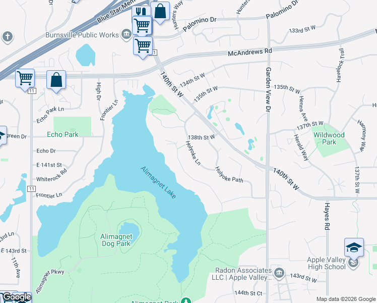 map of restaurants, bars, coffee shops, grocery stores, and more near 13811 Holyoke Lane in Apple Valley