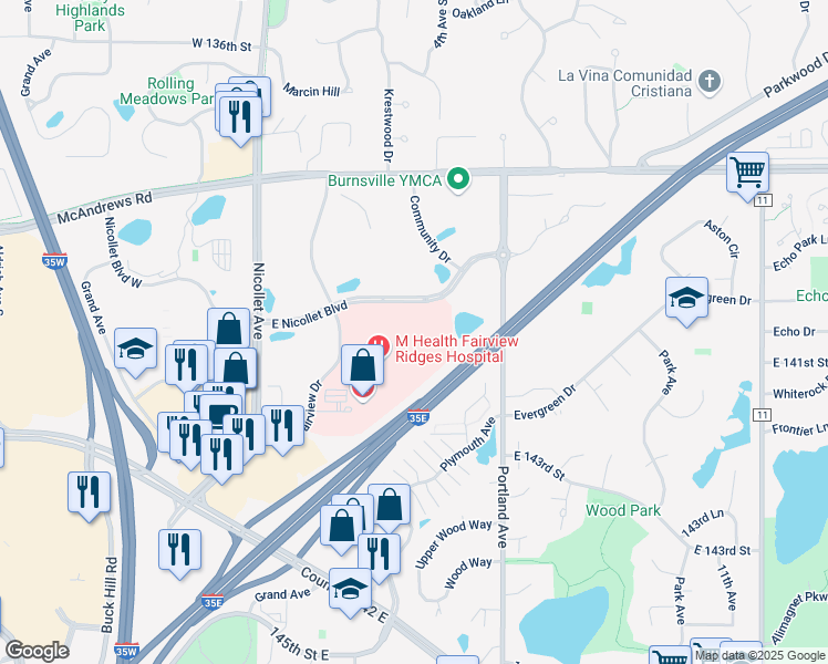 map of restaurants, bars, coffee shops, grocery stores, and more near 303 East Nicollet Boulevard in Burnsville
