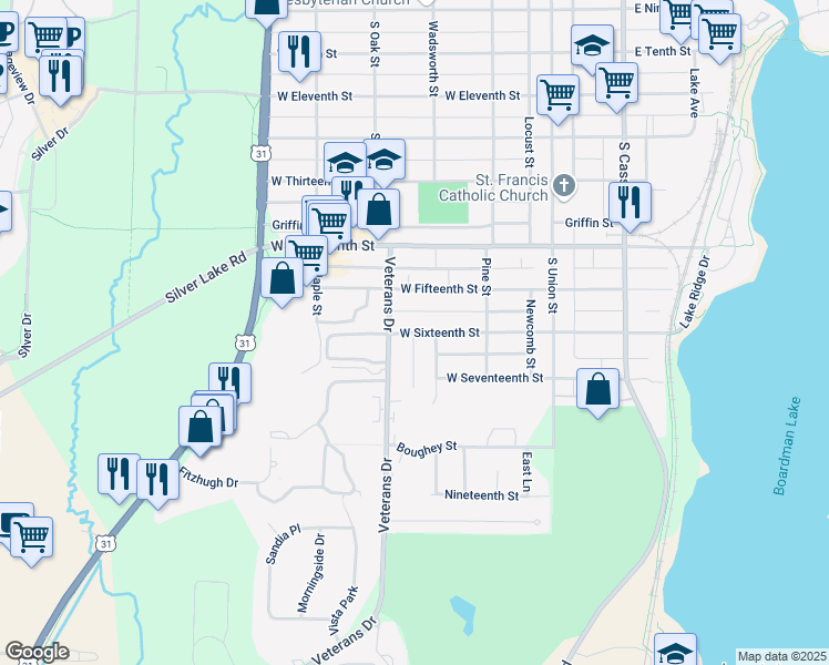 map of restaurants, bars, coffee shops, grocery stores, and more near 416 West 16th Street in Traverse City
