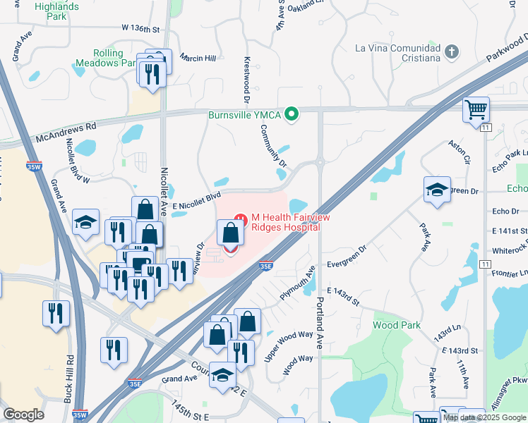 map of restaurants, bars, coffee shops, grocery stores, and more near 303 East Nicollet Boulevard in Burnsville