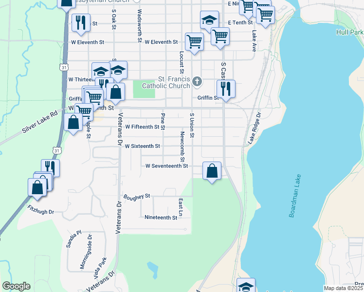 map of restaurants, bars, coffee shops, grocery stores, and more near 1322 Newcomb Street in Traverse City