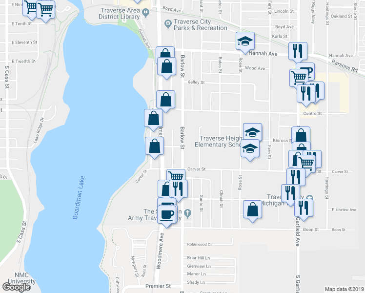 map of restaurants, bars, coffee shops, grocery stores, and more near Barlow Street in Traverse City