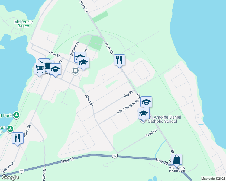 map of restaurants, bars, coffee shops, grocery stores, and more near 60 George Street in Simcoe County