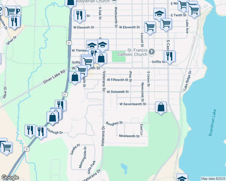 map of restaurants, bars, coffee shops, grocery stores, and more near 416 West 16th Street in Traverse City
