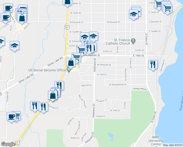 map of restaurants, bars, coffee shops, grocery stores, and more near 1320 Veterans Drive in Traverse City