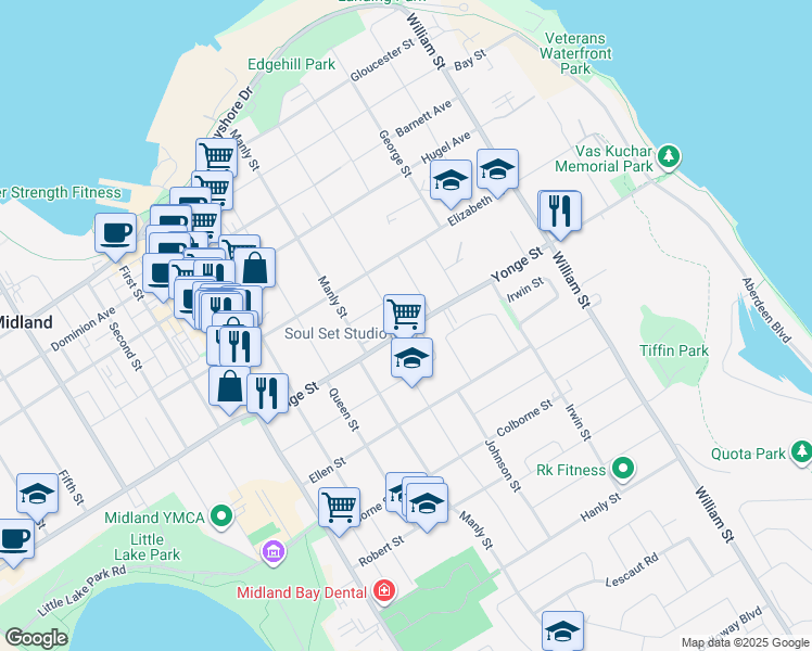 map of restaurants, bars, coffee shops, grocery stores, and more near 346 Yonge Street in Midland