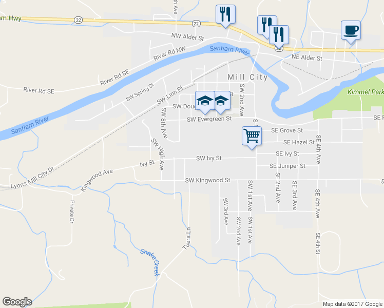 map of restaurants, bars, coffee shops, grocery stores, and more near 555 Southwest Ivy Street in Mill City