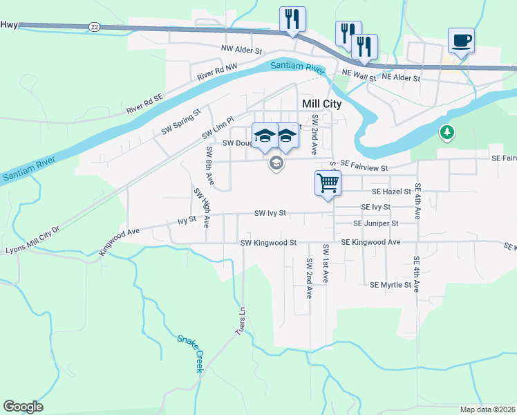map of restaurants, bars, coffee shops, grocery stores, and more near 555 Southwest Ivy Street in Mill City