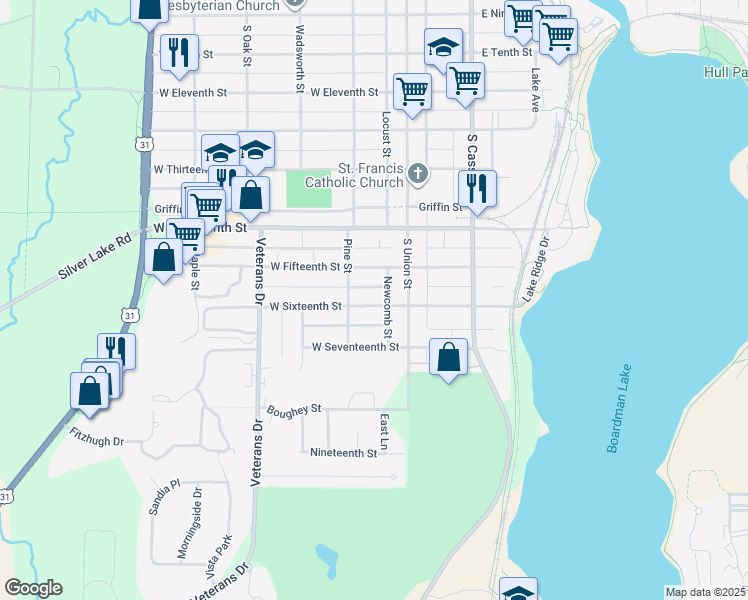 map of restaurants, bars, coffee shops, grocery stores, and more near 1320-1322 Newcomb St in Traverse City