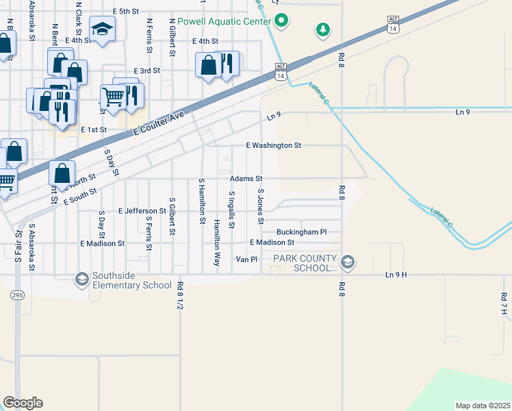 map of restaurants, bars, coffee shops, grocery stores, and more near 382 South Jones Street in Powell