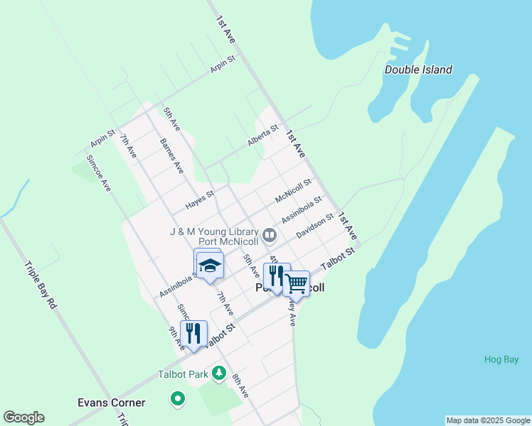 map of restaurants, bars, coffee shops, grocery stores, and more near 676 3rd Avenue in Port McNicoll