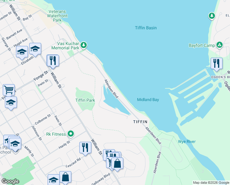 map of restaurants, bars, coffee shops, grocery stores, and more near 553 Aberdeen Boulevard in Midland
