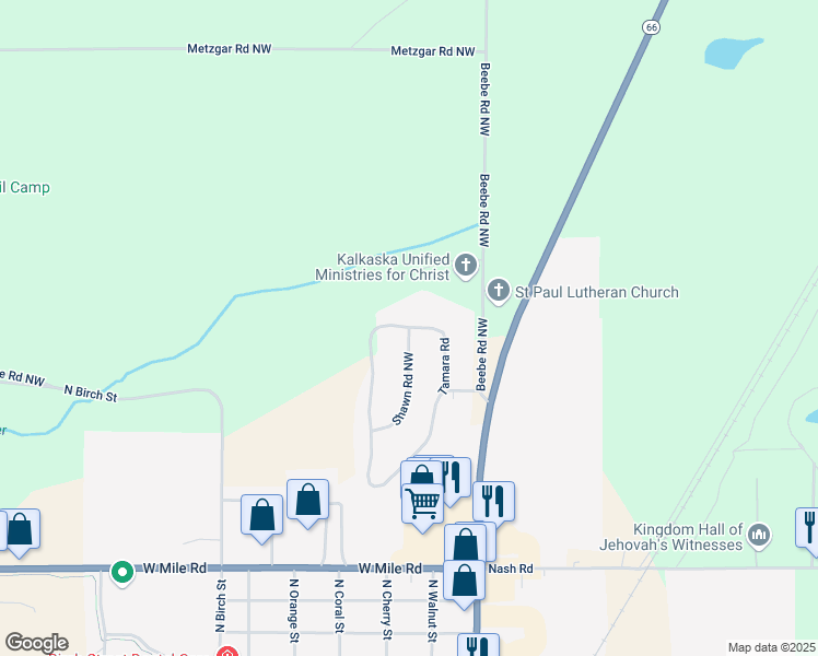 map of restaurants, bars, coffee shops, grocery stores, and more near 2398 Tamara Rd in Kalkaska