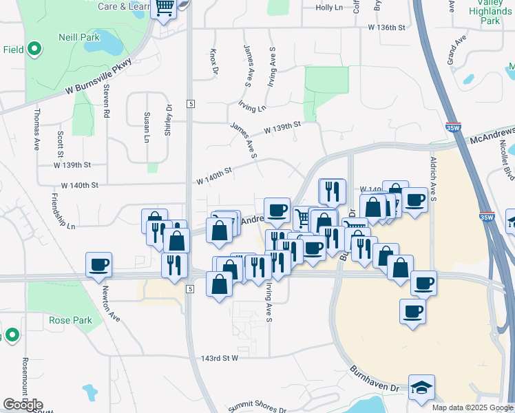 map of restaurants, bars, coffee shops, grocery stores, and more near 1500 McAndrews Road West in Burnsville