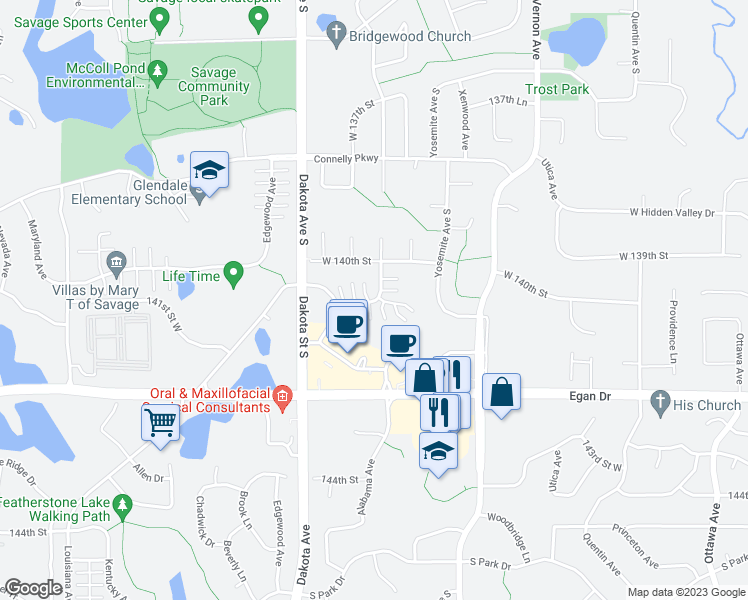 map of restaurants, bars, coffee shops, grocery stores, and more near 14031 Alabama Avenue in Savage