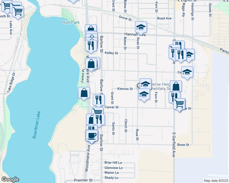 map of restaurants, bars, coffee shops, grocery stores, and more near 1003 Grant Street in Traverse City