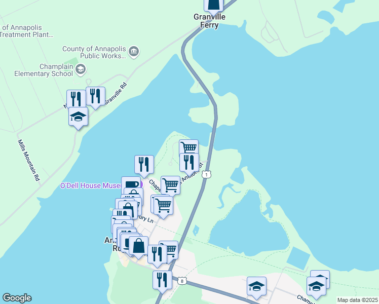 map of restaurants, bars, coffee shops, grocery stores, and more near 2 Fortier Mills Lane in Annapolis Royal