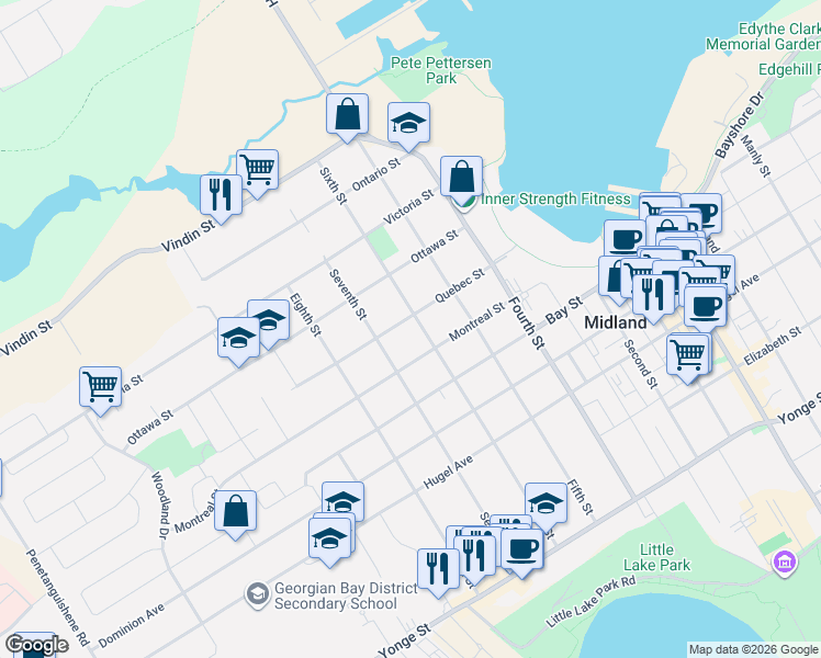 map of restaurants, bars, coffee shops, grocery stores, and more near in Midland