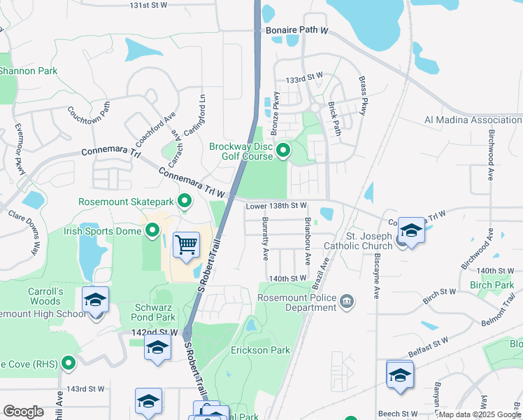 map of restaurants, bars, coffee shops, grocery stores, and more near 2880 Lower 138th Street West in Rosemount