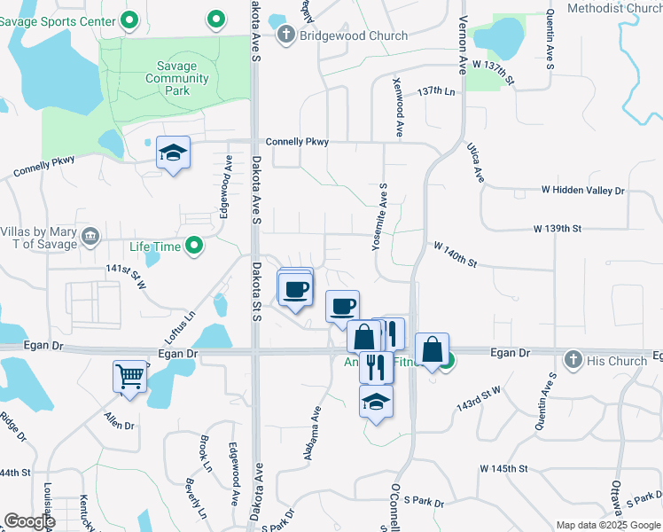 map of restaurants, bars, coffee shops, grocery stores, and more near 14031 Alabama Avenue in Savage