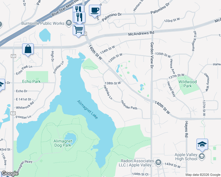map of restaurants, bars, coffee shops, grocery stores, and more near 13811 Holyoke Lane in Apple Valley