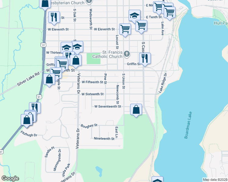 map of restaurants, bars, coffee shops, grocery stores, and more near 1320-1322 Newcomb St in Traverse City
