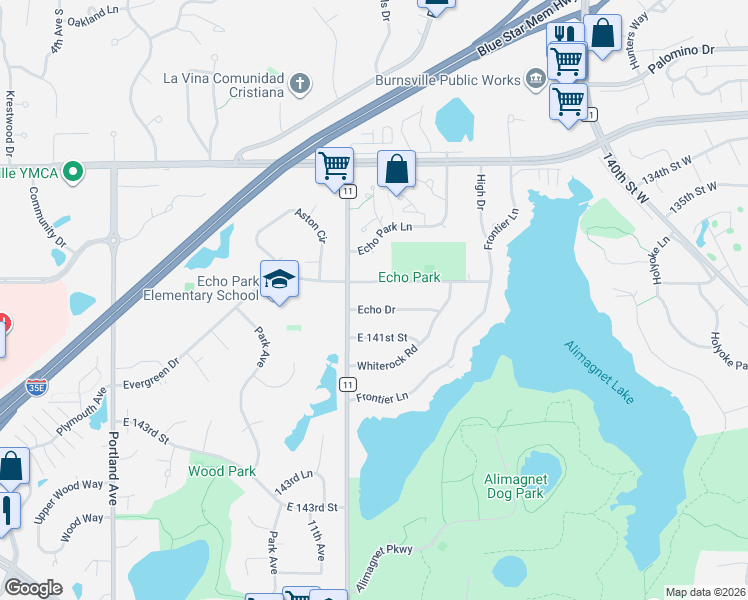 map of restaurants, bars, coffee shops, grocery stores, and more near 1304 Echo Drive in Burnsville