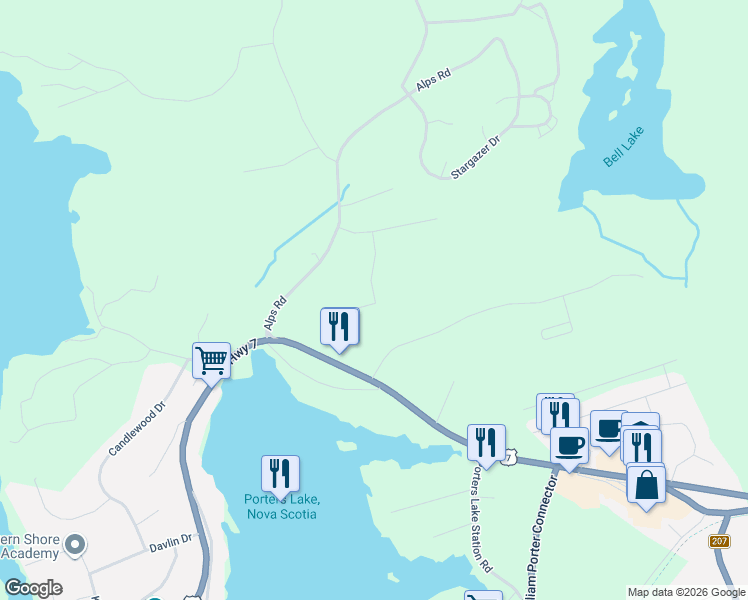 map of restaurants, bars, coffee shops, grocery stores, and more near 15 Geneva Court in Porters Lake