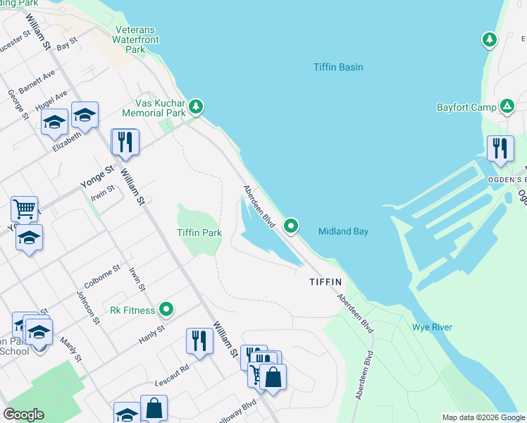 map of restaurants, bars, coffee shops, grocery stores, and more near 559 Aberdeen Boulevard in Midland