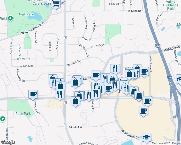 map of restaurants, bars, coffee shops, grocery stores, and more near 1500 McAndrews Road West in Burnsville
