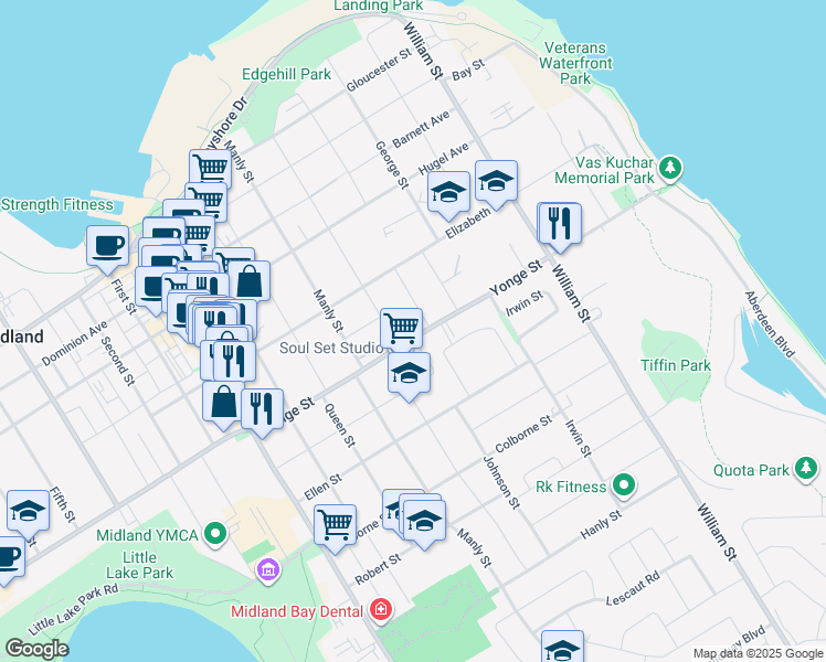 map of restaurants, bars, coffee shops, grocery stores, and more near 346 Yonge Street in Midland