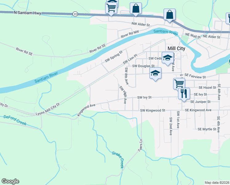 map of restaurants, bars, coffee shops, grocery stores, and more near 940 Southwest Main Avenue in Mill City