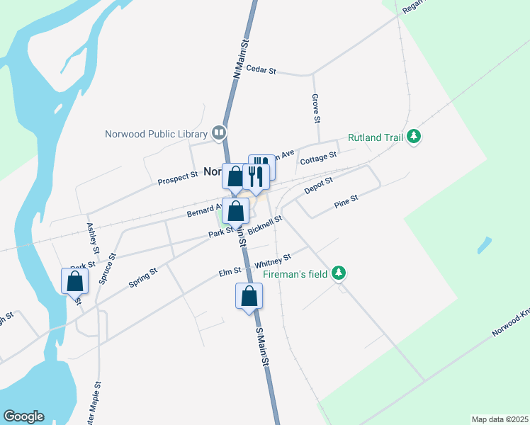 map of restaurants, bars, coffee shops, grocery stores, and more near 6 Leonard Street in Norwood