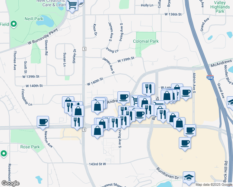 map of restaurants, bars, coffee shops, grocery stores, and more near 1500 McAndrews Road West in Burnsville