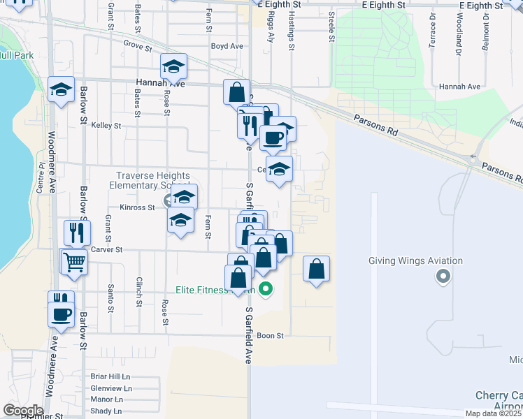 map of restaurants, bars, coffee shops, grocery stores, and more near 1001-1099 S Garfield Ave in Traverse City