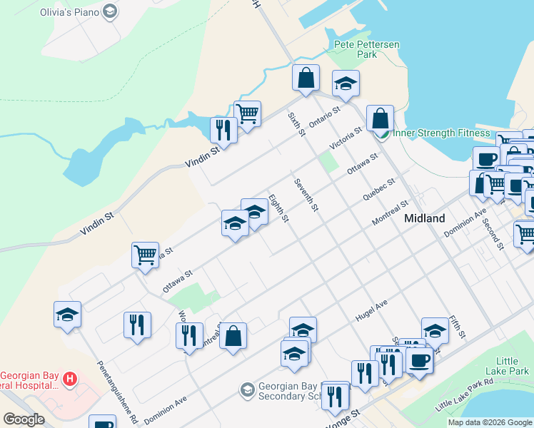 map of restaurants, bars, coffee shops, grocery stores, and more near 792 Ottawa Street in Midland