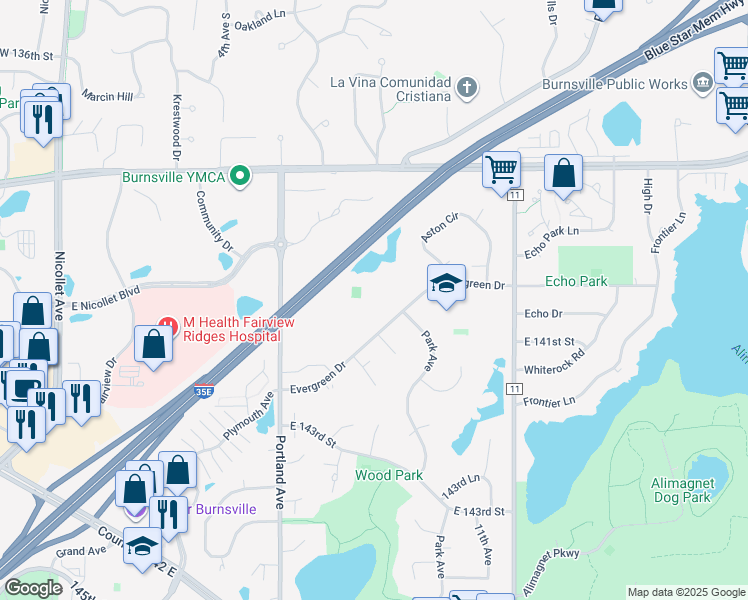 map of restaurants, bars, coffee shops, grocery stores, and more near 800 Evergreen Drive in Burnsville