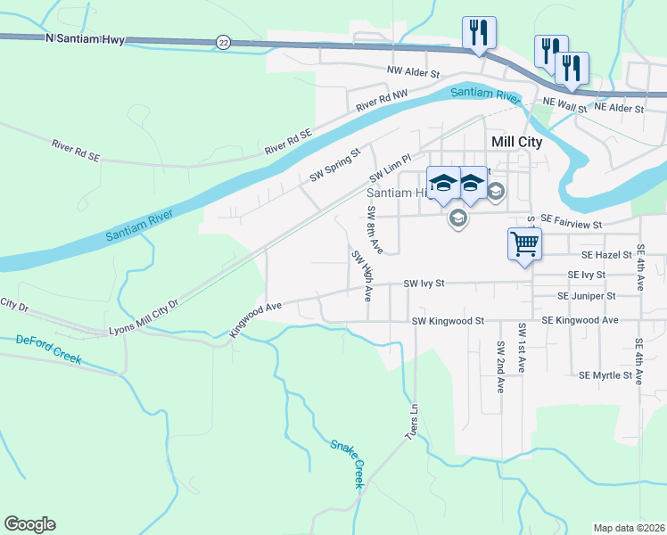 map of restaurants, bars, coffee shops, grocery stores, and more near 940 Southwest Main Avenue in Mill City