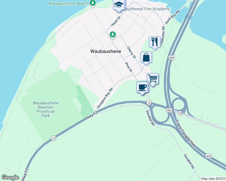 map of restaurants, bars, coffee shops, grocery stores, and more near 443 Sturgeon Bay Road in Waubaushene