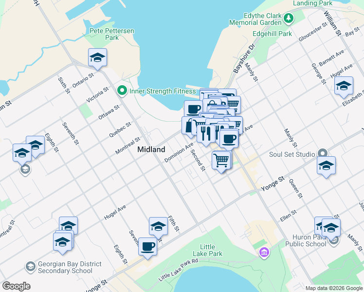 map of restaurants, bars, coffee shops, grocery stores, and more near 576 Dominion Avenue in Midland