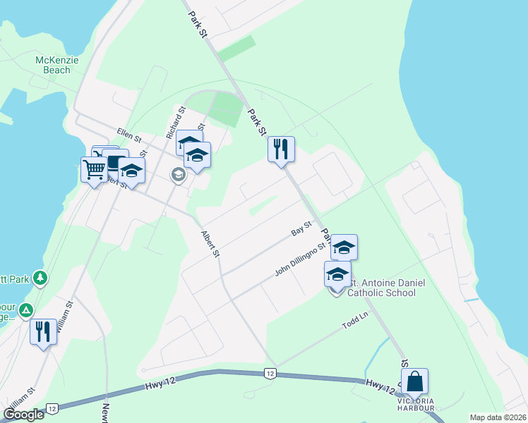 map of restaurants, bars, coffee shops, grocery stores, and more near 60 George Street in Simcoe County