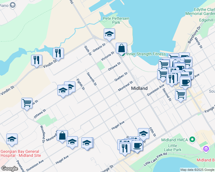 map of restaurants, bars, coffee shops, grocery stores, and more near 154 Sixth Street in Midland